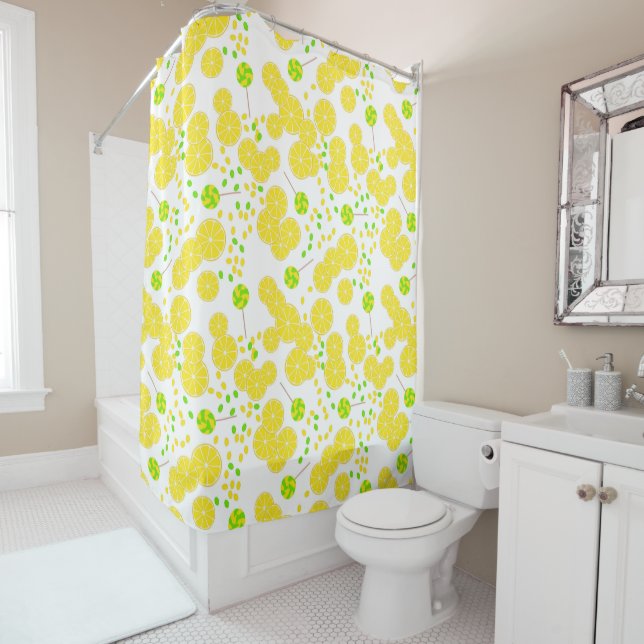 Seamless bright lemon slices candy lollipops sweet shower curtain (In Situ)