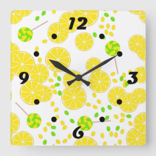Seamless bright lemon slices candy lollipops sweet square wall clock