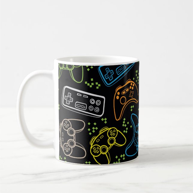 Seamless bright pattern with joysticks. gaming coo coffee mug (Left)