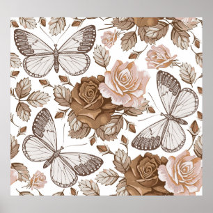 Seamless Butterflies moths insect fly. Flowers pat Poster