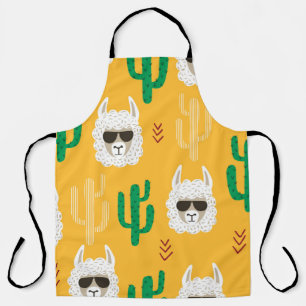 Seamless cartoon llama and cactus pattern in brigh apron