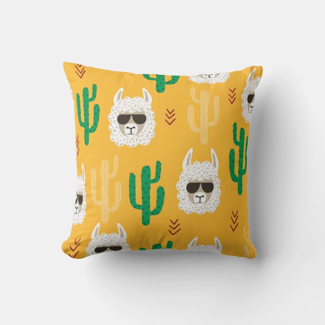 Seamless cartoon llama and cactus pattern in brigh cushion (Front)