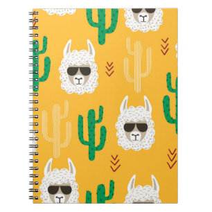 Seamless cartoon llama and cactus pattern in brigh notebook
