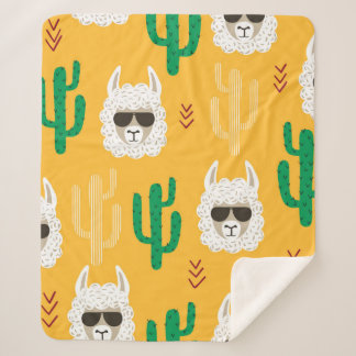 Seamless cartoon llama and cactus pattern in brigh sherpa blanket