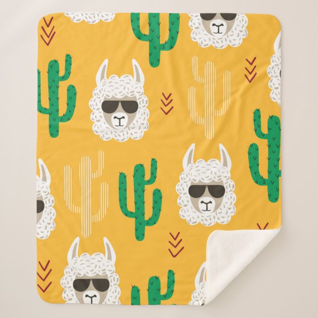 Seamless cartoon llama and cactus pattern in brigh sherpa blanket (Front)
