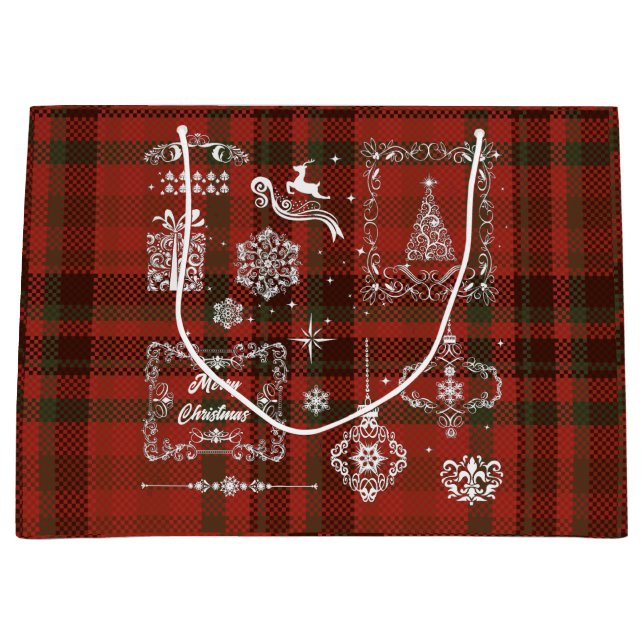 Seamless Chequered Christmas Decoration Red-white Large Gift Bag (Front)