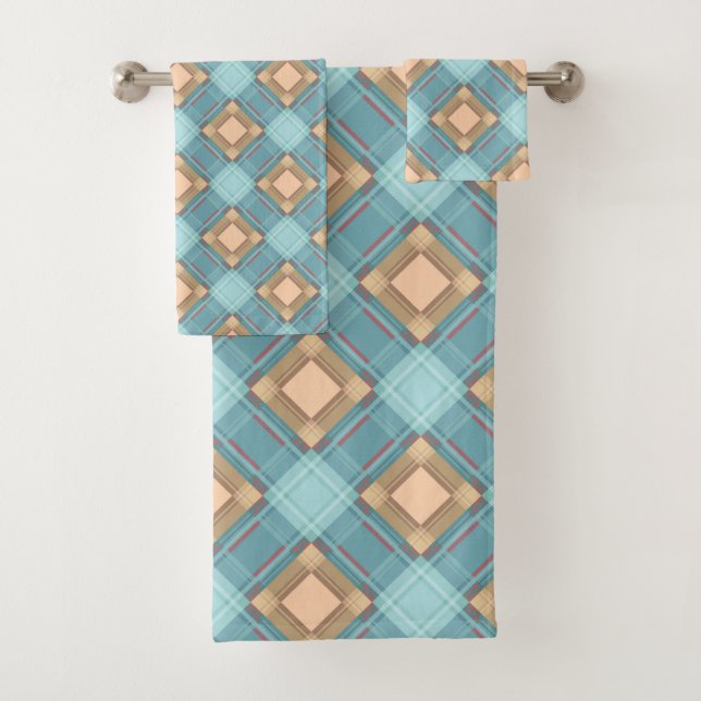Seamless chequered plaid abstract squares geometri bath towel set (Insitu)
