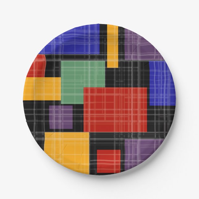 Seamless chequered plaid geometrical squares lined paper plate (Front)
