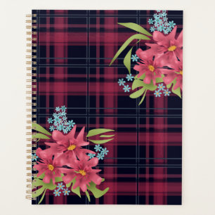 Seamless chequered plaid tartan black red flowers planner
