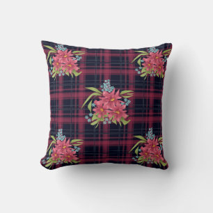 Seamless chequered plaid tartan flowers floral bla cushion