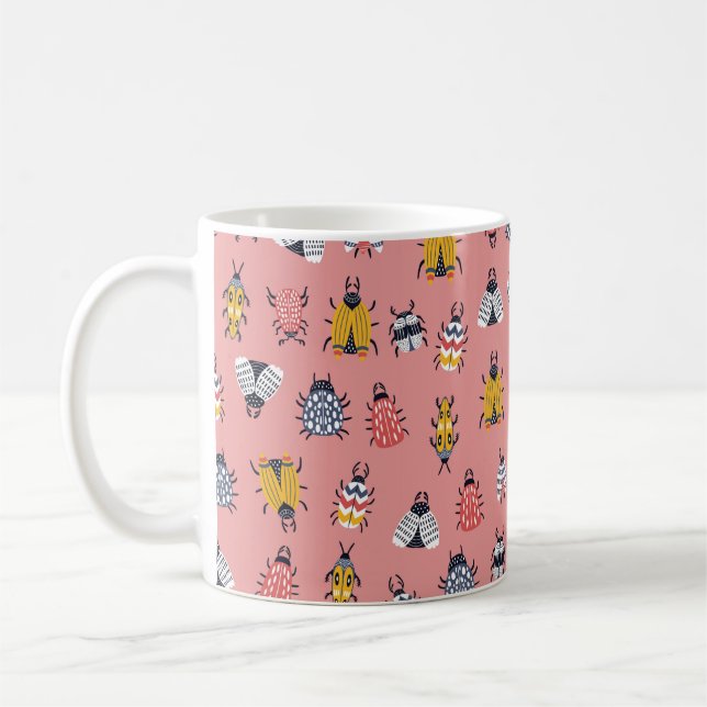 Seamless childish pattern with bugs and beetles in coffee mug (Left)
