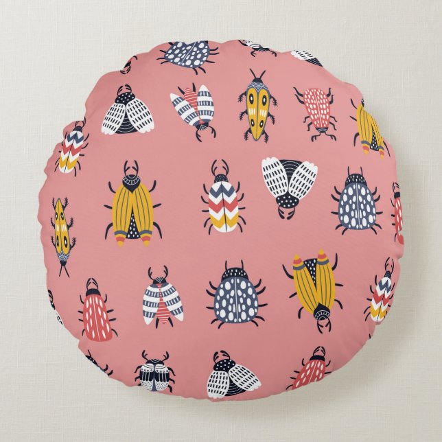 Seamless childish pattern with bugs and beetles in round cushion (Front)