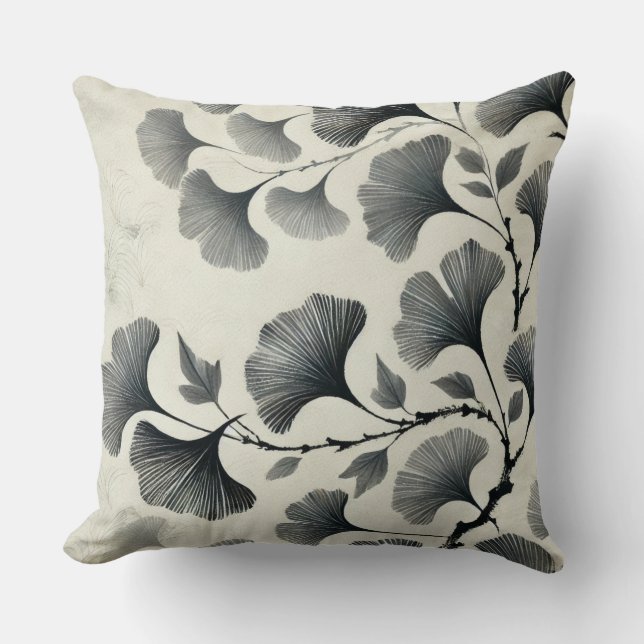Seamless Chinese Ink Painting Ginkgo Leaf Pattern Cushion (Front)