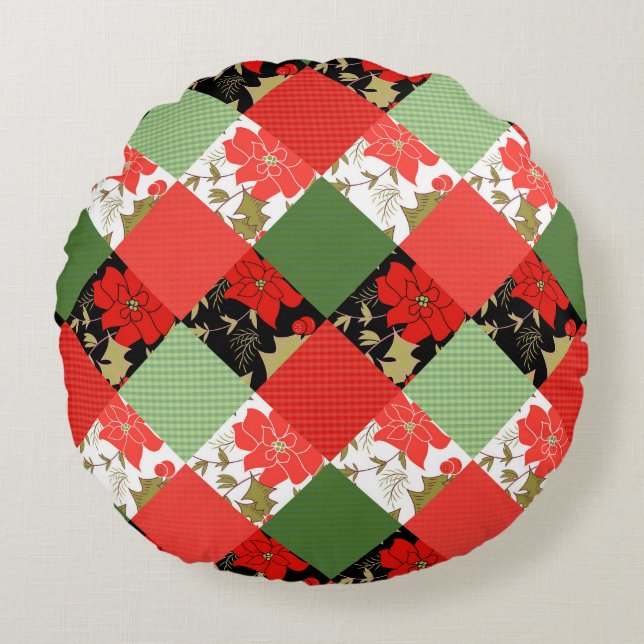 Seamless Christmas patchwork patches pattern geome Round Cushion (Front)