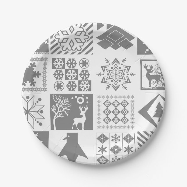 Seamless Christmas patchwork snowflake snow deer t Paper Plate (Front)