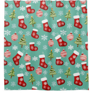 Seamless Christmas Pattern. Socks, Trees, Bauble, Shower Curtain