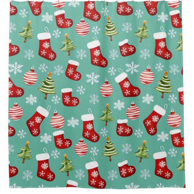 Seamless Christmas Pattern. Socks, Trees, Bauble,  Shower Curtain (Front)