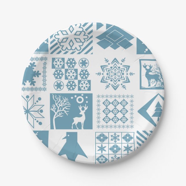 Seamless Christmas winter patchwork snowflakes pin Paper Plate (Front)