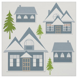 Seamless Christmas winter snow tree houses blue wh Fabric