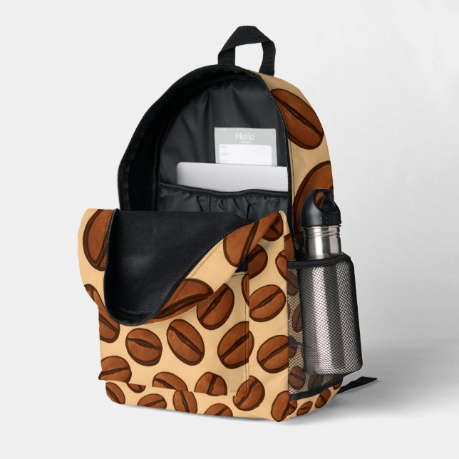 Seamless Coffee Bean Pattern | Warm Brown Café  Printed Backpack (Back Corner Right (Open))