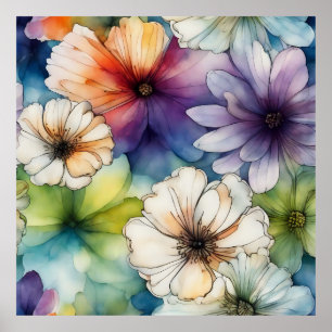 Seamless Colourful Flowers in Watercolor Poster