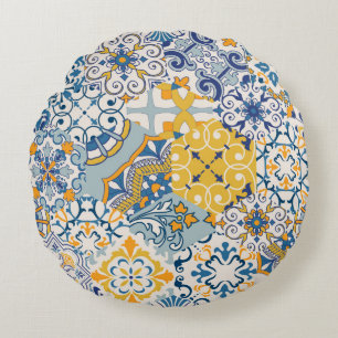 Seamless colourful patchwork tile with Islam, Arab Round Cushion