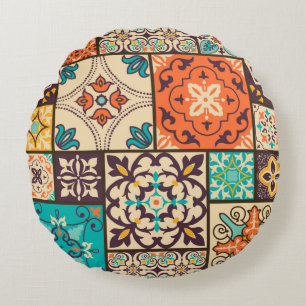 Seamless colourful patchwork tile with Islam, Arab Round Cushion