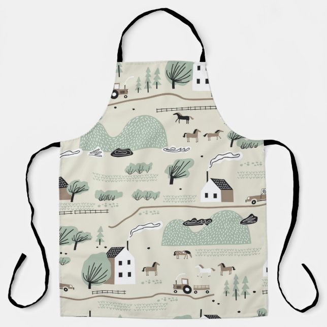 Seamless colourful pattern with house, trees, hors apron (Front)