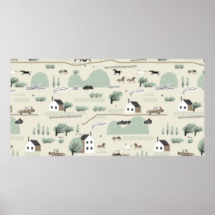 Seamless colourful pattern with house, trees, hors poster