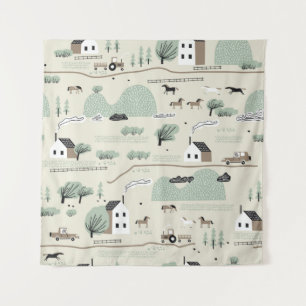 Seamless colourful pattern with house, trees, hors tapestry