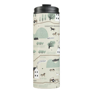 Seamless colourful pattern with house, trees, hors thermal tumbler