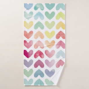 Seamless colourful watercolor painted hearts patte bath towel