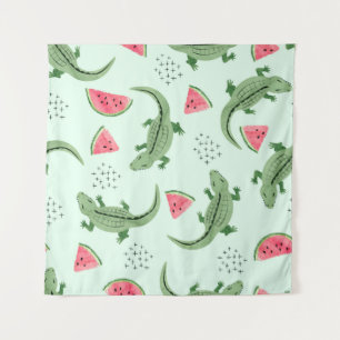 Seamless crocodile pattern with watermelon slices. tapestry