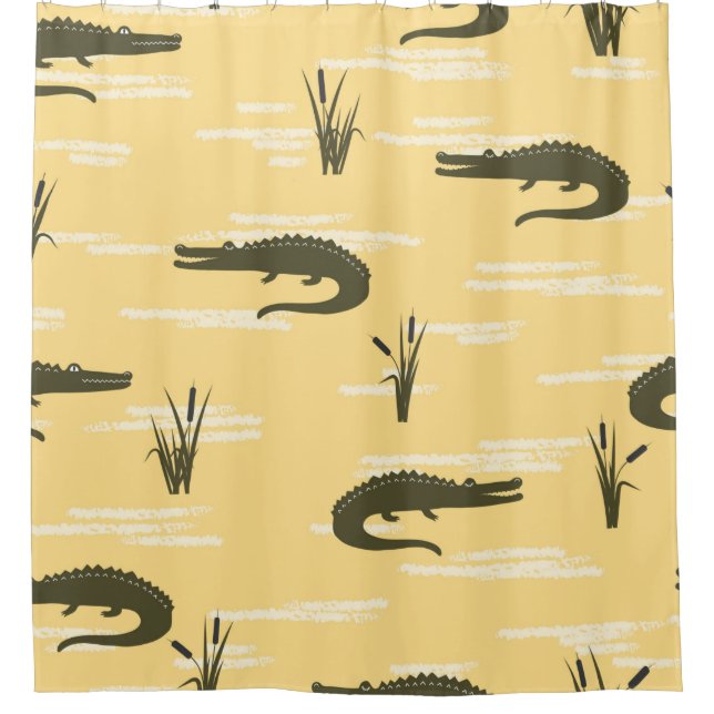 Seamless crocodiles pattern. Vintage yellow backgr Shower Curtain (Front)
