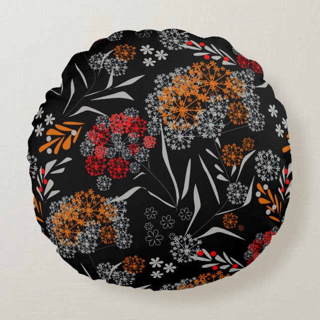 Seamless cute small flowers floral pattern black v round cushion (Front)