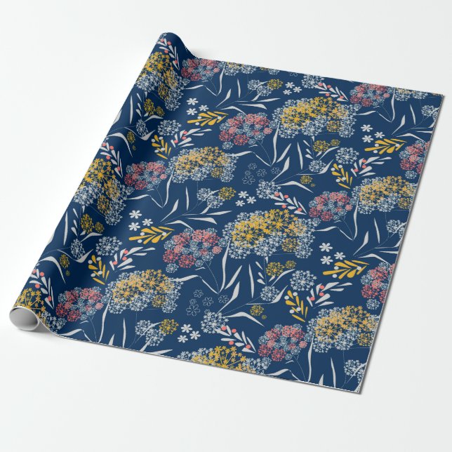 Seamless cute small flowers floral pattern navy vi wrapping paper (Unrolled)