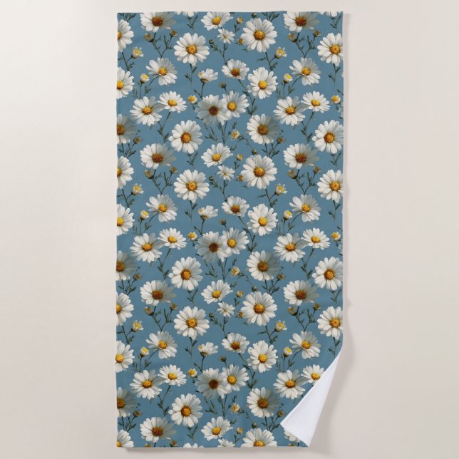 Seamless Daisy Flower Pattern on Blue Beach Towel (Front)