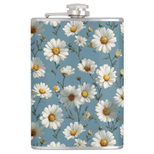 Seamless Daisy Flower Pattern on Blue Hip Flask