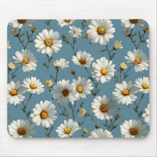 Seamless Daisy Flower Pattern on Blue Mouse Pad