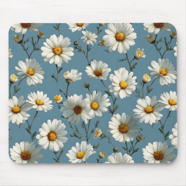 Seamless Daisy Flower Pattern on Blue Mouse Pad (Front)