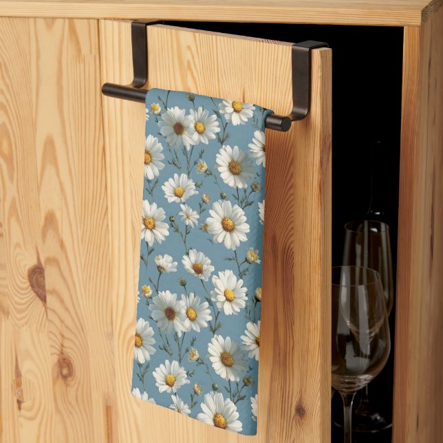Seamless Daisy Flower Pattern on Blue Tea Towel (Thirds Fold)