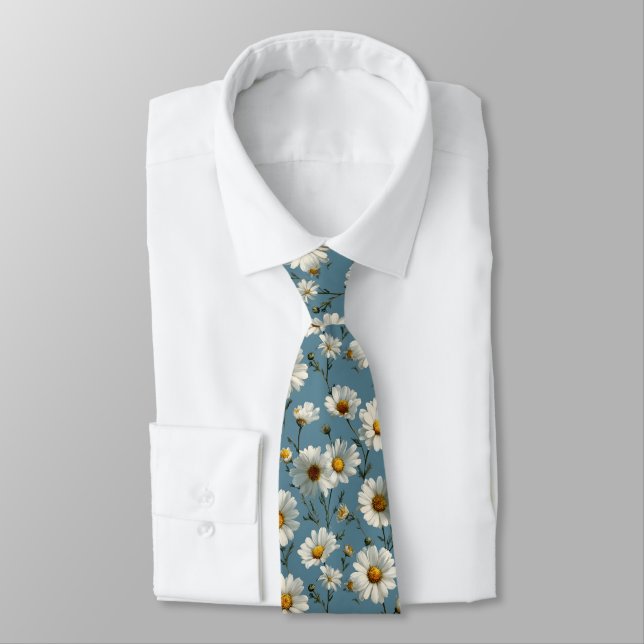 Seamless Daisy Flower Pattern on Blue Tie (Tied)