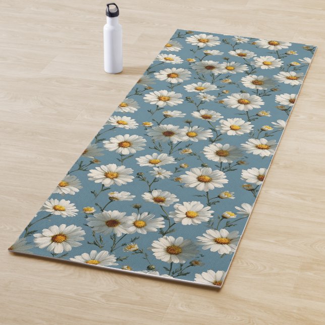 Seamless Daisy Flower Pattern on Blue Yoga Mat (In Situ)
