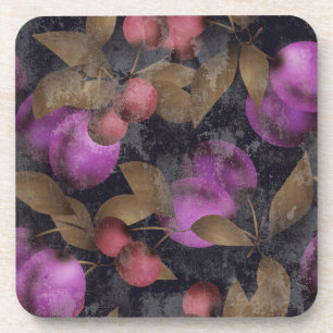 Seamless dark plum fruits purple berries cherry pa coaster