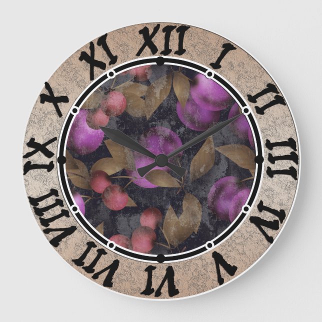 Seamless dark plum fruits purple berries cherry pa large clock (Front)