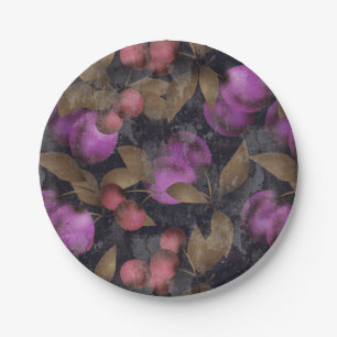 Seamless dark plum fruits purple berries cherry pa paper plate