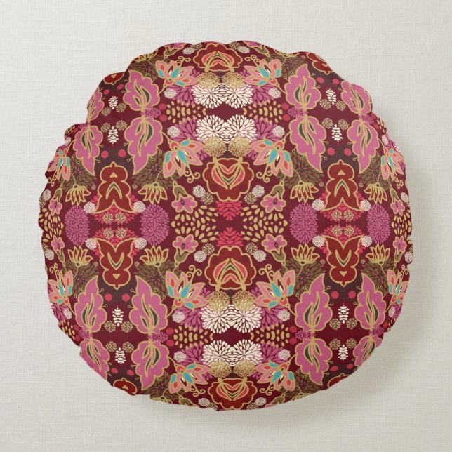 Seamless decorative chaotic floral pattern round cushion (Front)