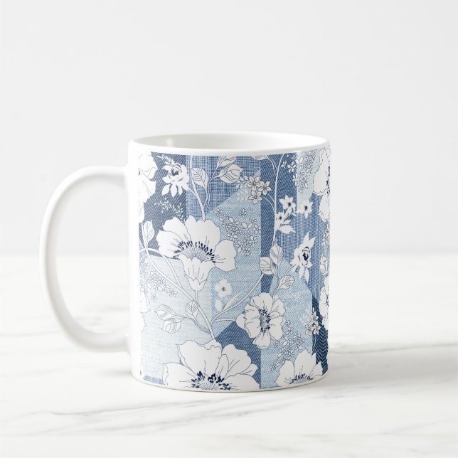 seamless denim patchwork on flower coffee mug (Left)