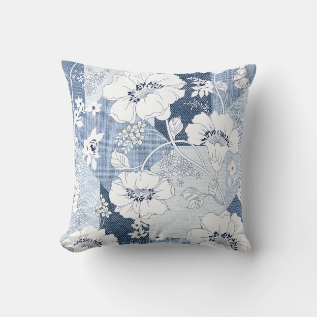 seamless denim patchwork on flower cushion (Front)
