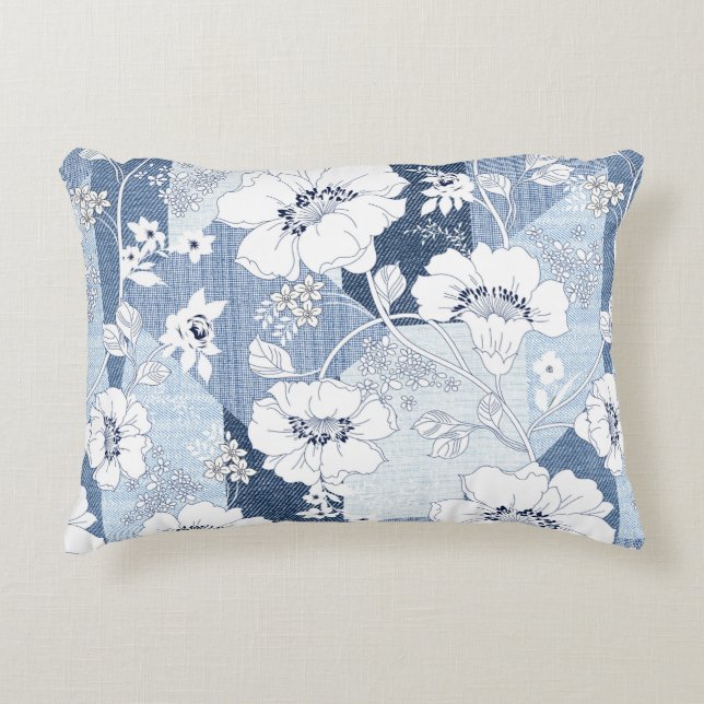 seamless denim patchwork on flower decorative cushion (Front)